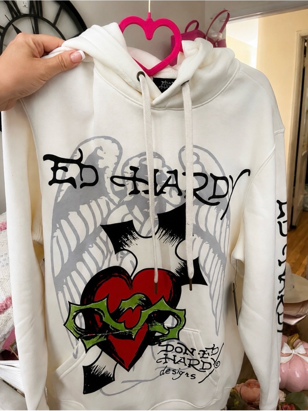 Ed Hardy cream, Hoodie with Red & Green Heart Graphic